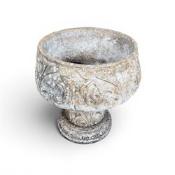 Cast stone ornate garden urn, circular shall bowl on squat base