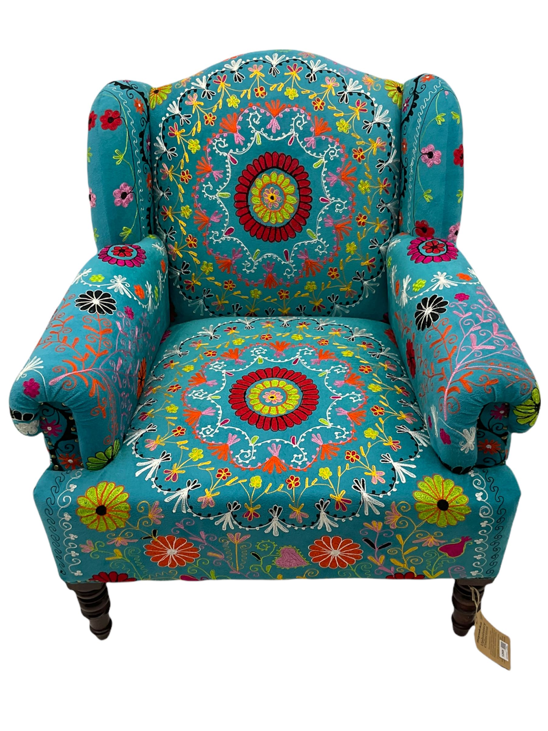 Myakka Victorian style club armchair, upholstered in crazy daisy turquoise fabric 