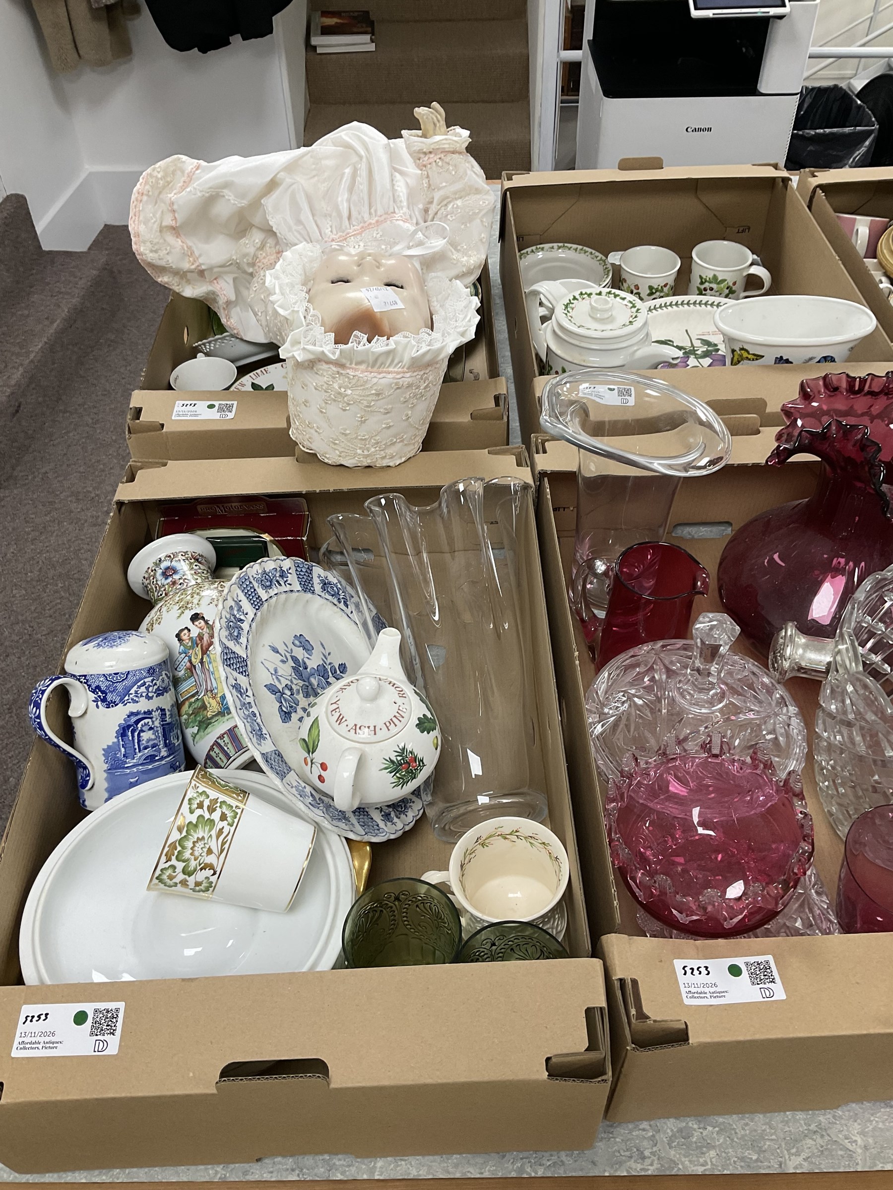 Large collection of items, comprising Portmeirion 'Summer Strawberries' and 'The Botanic Garden', Cranberry glass vase and drinkware, copper tea kettle, and others, in six boxes