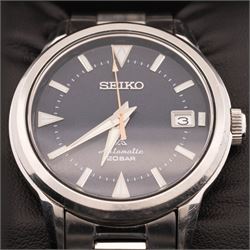 Seiko Prospex Alpinist gentleman's stainless steel automatic wristwatch, Ref. 6R35-01M0, blue dial with luminous baton and dagger hour markers and date aperture, on stainless steel bracelet, with fold-over clasp, boxed