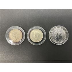 Queen Elizabeth II 2017 one ounce fine silver Britannia coin, The Royal Mint 2013 fine silver twenty pound coin on card, King George VI 1945 halfcrown and King George V 1916 halfcrown