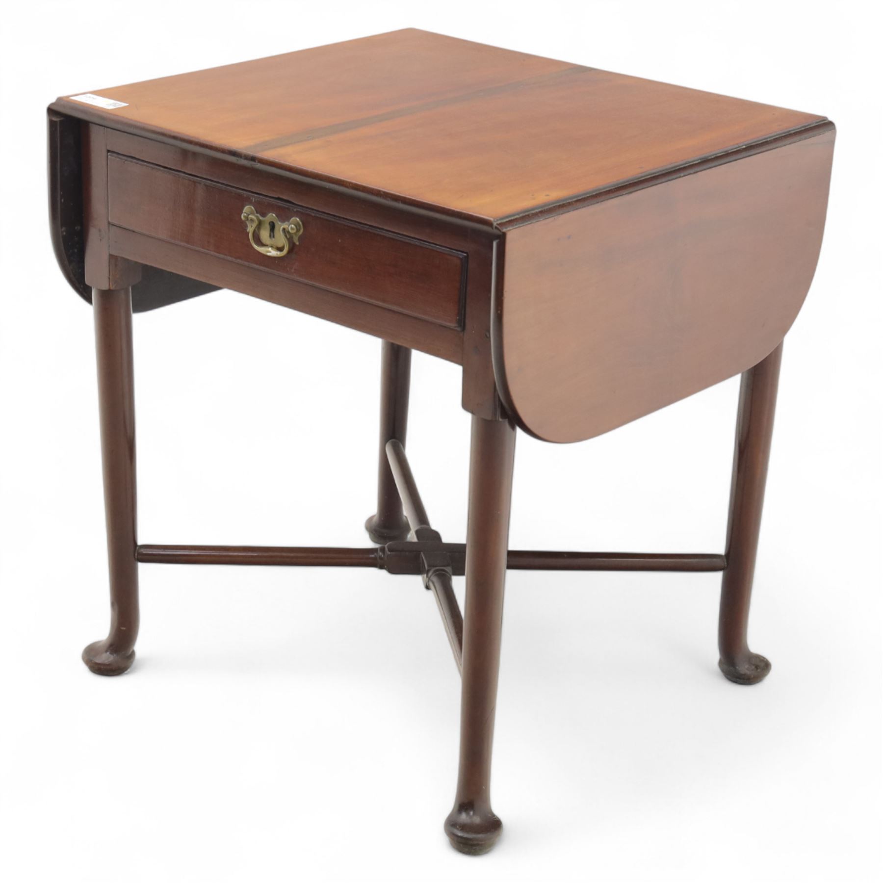 Early 20th century Georgian design mahogany drop leaf table, rectangular top with twin drop leaves above a single frieze drawer on sender tapered legs united by a cross-stretcher and terminating in pad feet  