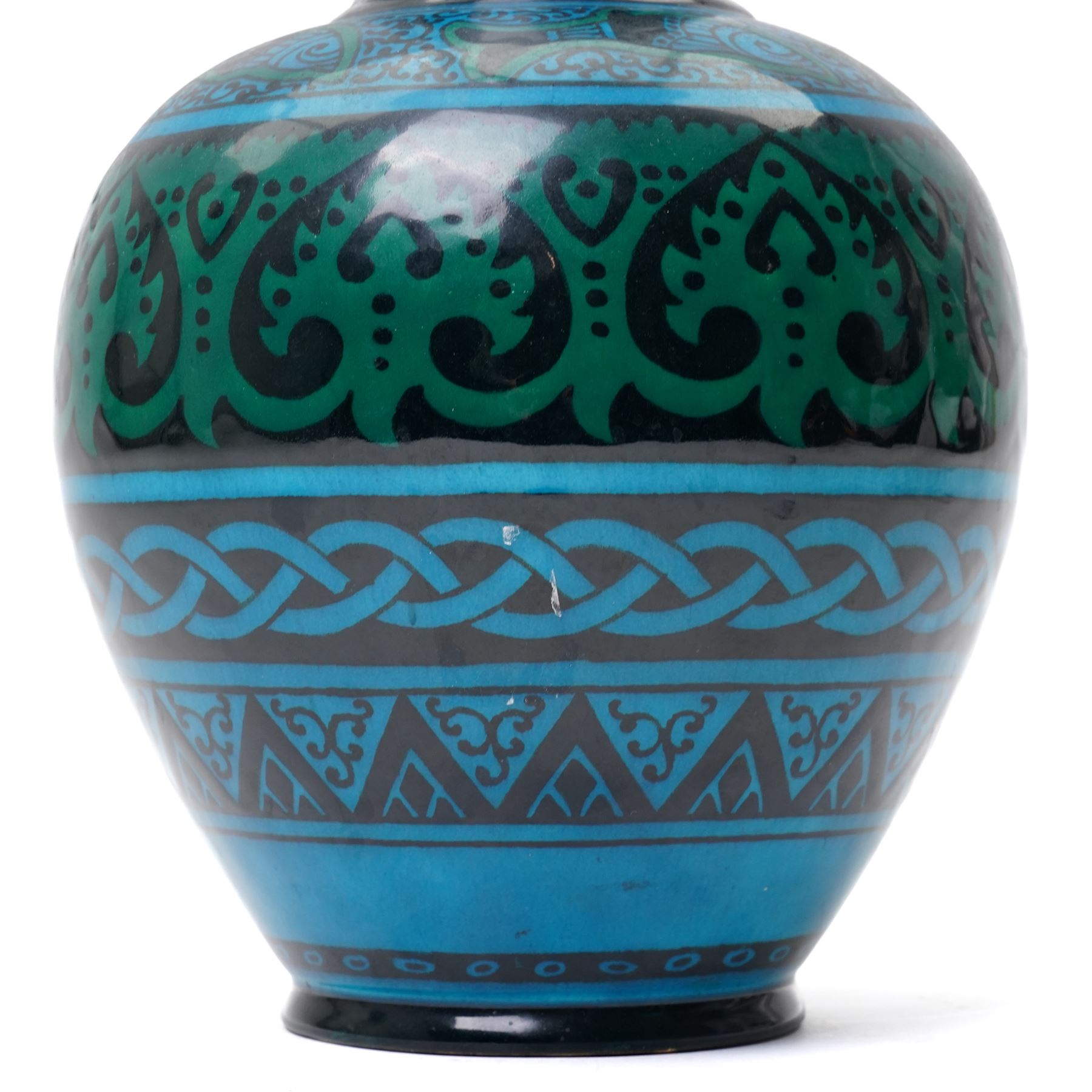 Sevres vase, decorated stylised patterns including fish and rope, designed by L Bourgeot, stamped to base, H25cm 