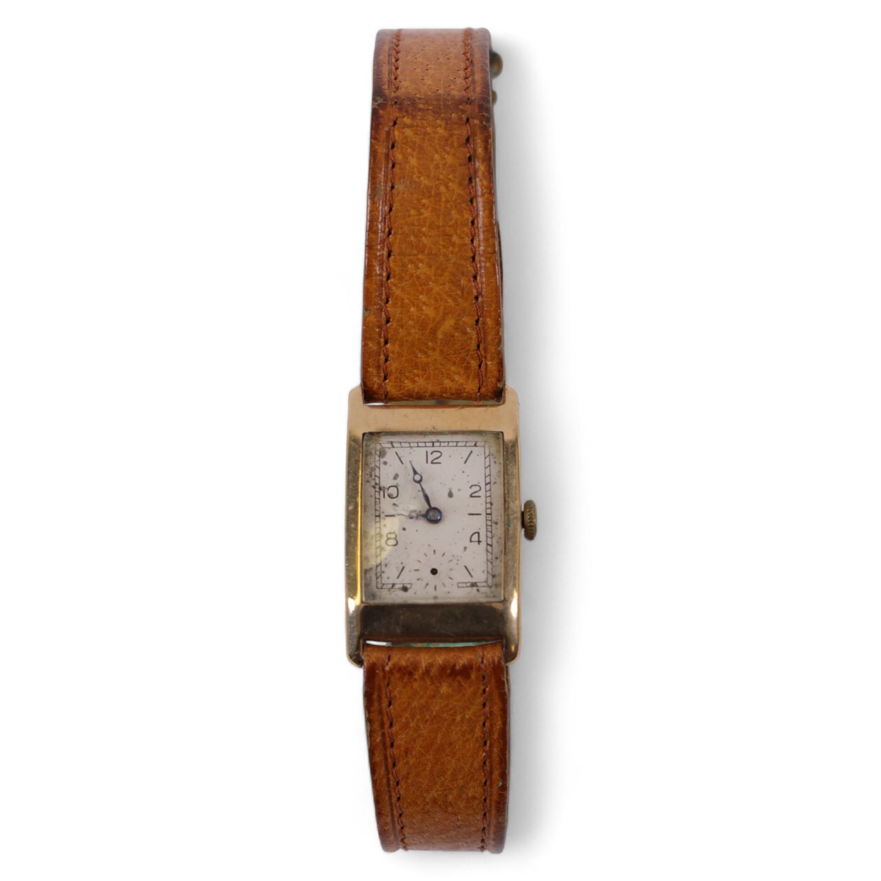 9ct gold gentleman's rectangular manual wind wristwatch, on leather strap, hallmarked Birmingham 1936 