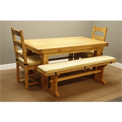  Light oak rectangular drawer leaf dining table with two benches and two chairs, L255cm, H78cm, W91cm, max (5)  