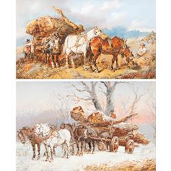 Harden Sidney Melville (British 1824-1894): The Logging Cart, two oils on panel signed, max 13.5cm x 24cm (2)