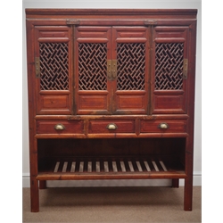  20th century Chinese lacquered cabinet enclosed by four doors, three drawers and undertier below, W119cm, H145cm, D57cm  