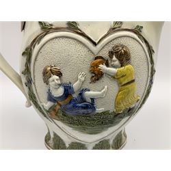 Early 19th century Prattware jug, circa 1800, decorated with two heart shaped panels of children, titled Sportive Innocence and Mischievous Sport, further decorated with acanthus and foliate borders, H22cm