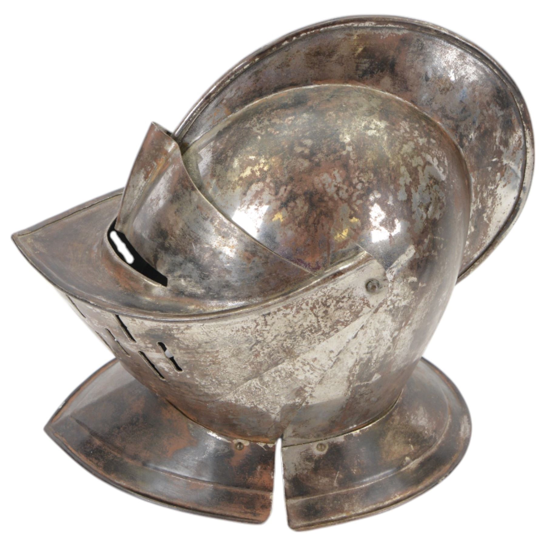 Reproduction 17th century European close helmet, the visor with elongated sights, two-piece skull with a high medial roped comb