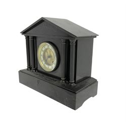 French - Belgium slate 8-day mantle clock c1900, break-front architectural style case with a gable pediment and twin recessed pilasters on a rectangular plinth, two part dial with an ivorine chapter and gilt centre, with Arabic numerals and steel fleur di Lis hands, Parisian movement striking the hours and half hours on a coiled gong. With pendulum. 