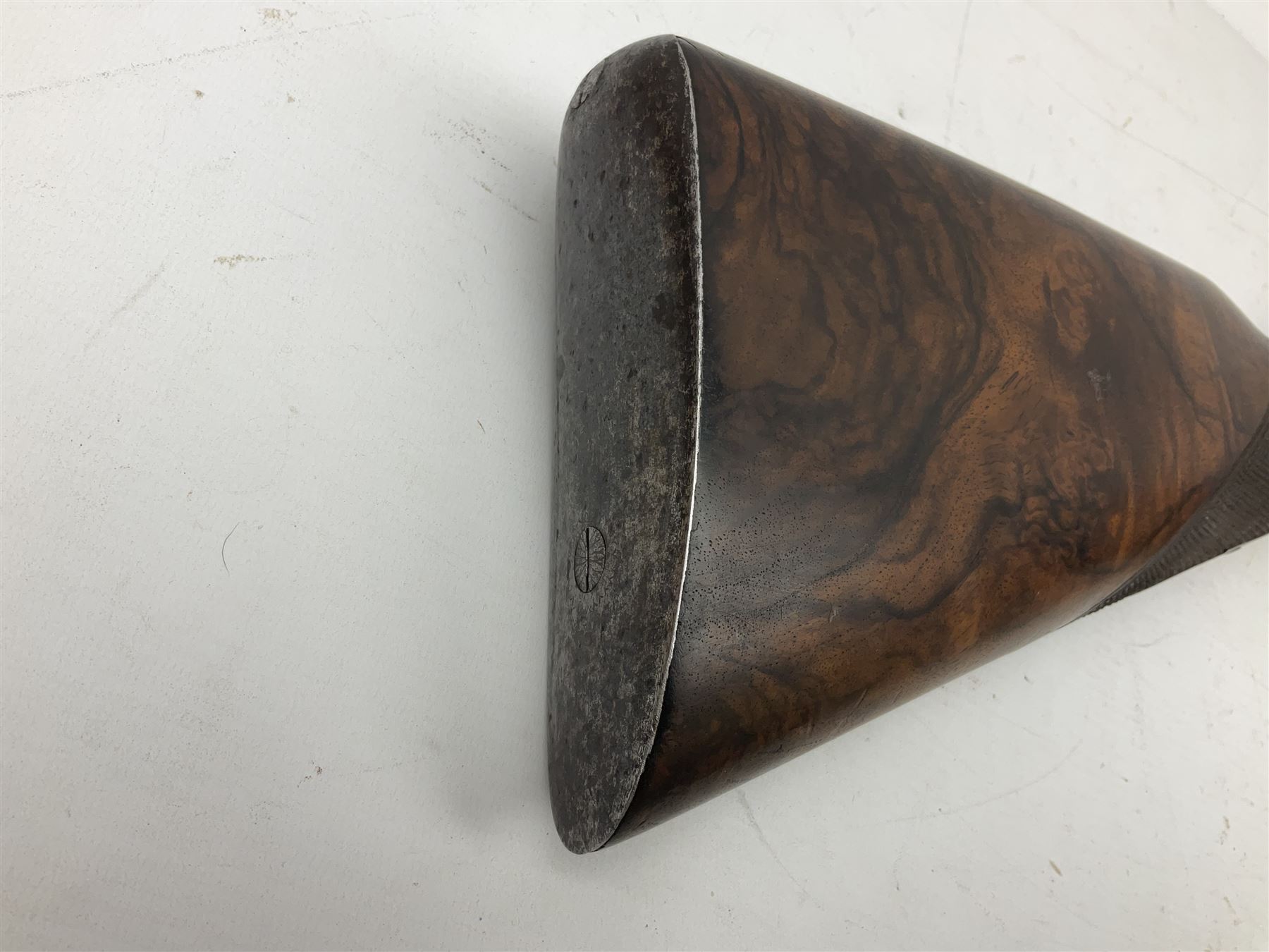 19th century John Jefferson of Scarborough 6-bore (modern 4-bore) double barrel side-by-side percussion gun, with 81cm stub twist damascus barrels (no provision for ramrod), well figured walnut stock with fine chequered grip and fore-end with horn tip and steel butt plate with long tang, well engraved lock and hammers with half-cock safeties on both sides, barrel sling swivel but rear sling swivel removed and replaced with silver escutcheon, London proofmarks, NVN, L128cm