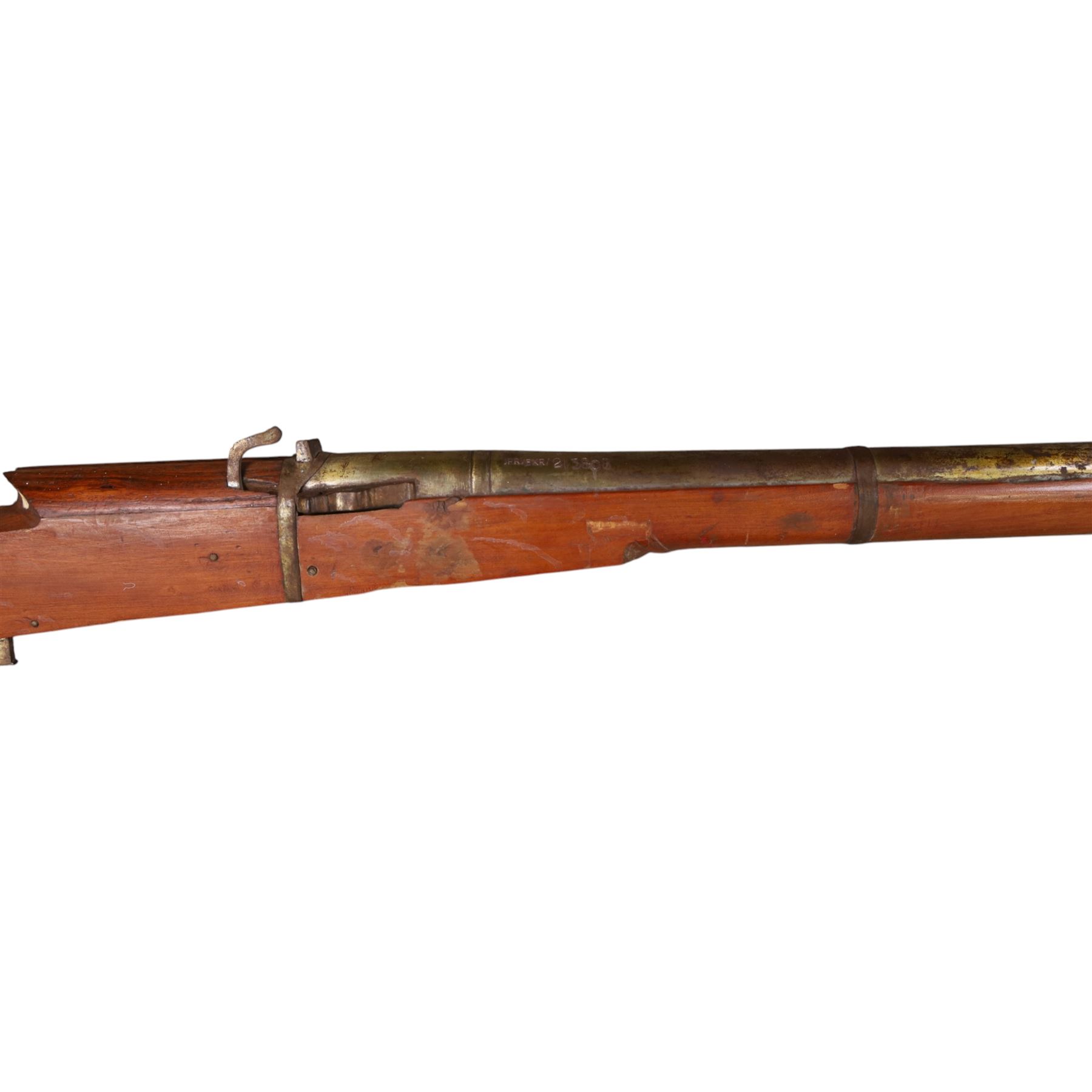  Indian matchlock jezail from the Royal Jaigarh Fort, Jaipur, the plain 69 inch barrel with flared muzzle, stamped to breech 'JPR/EXR/2/3808' on a full wooden stock, overall length 239cm, together with certificate of authenticity on Rajmahal Palace Office headed paper, dated 11th March 1978