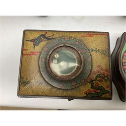 American Nylint large scale tin-plate car transporter L59cm carrying a Testor Toys plastic car; Tonka tin-plate mobile crane; boxed Sarony Cigarettes tin-plate roulette game with rules; and Japanese style tin-plate box, the lid inset with a revolving poker dice game (4)
