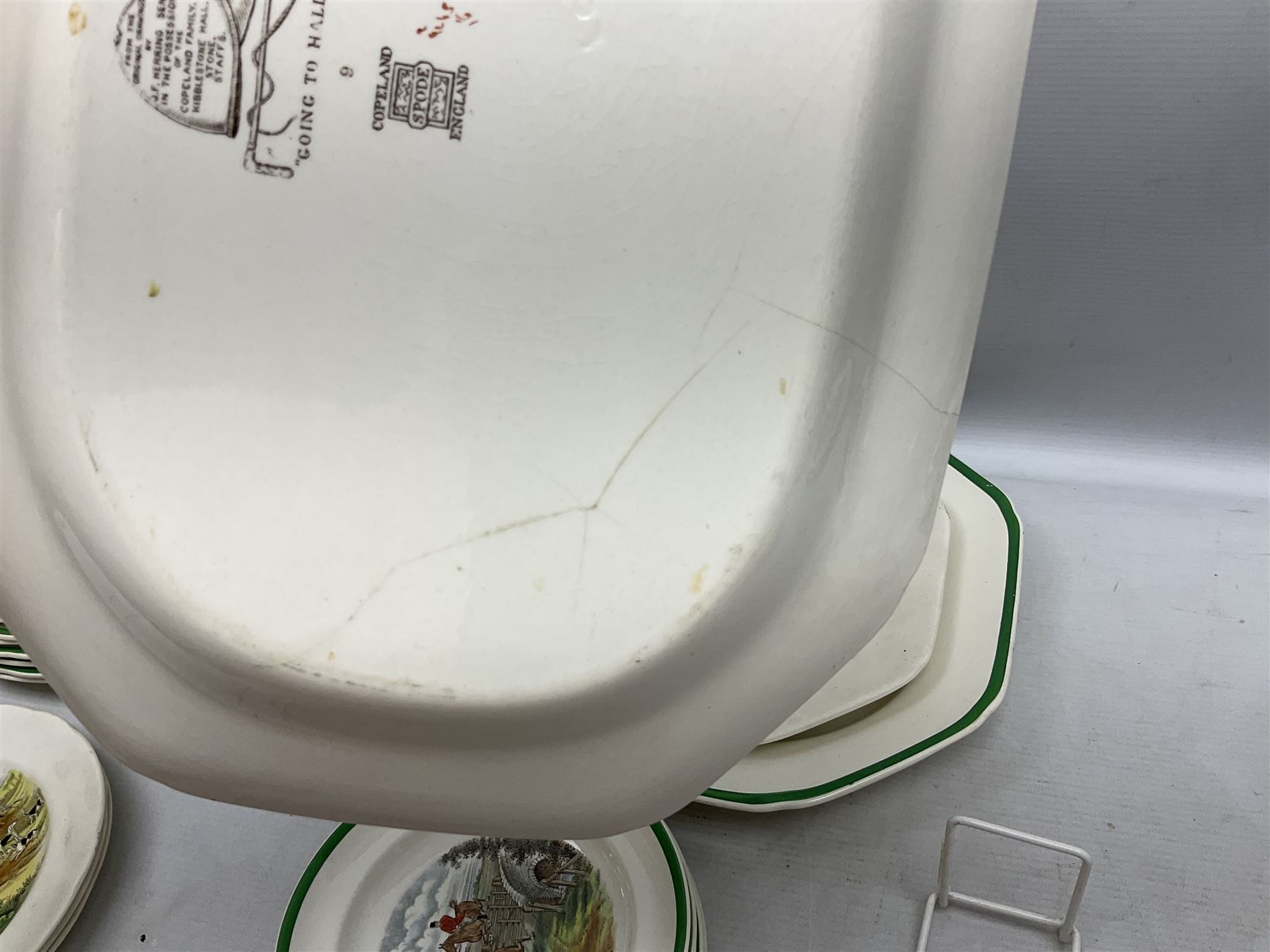 Collection of Copeland Spode hunting scenes dinner wares, after J. F. Herring, to include dinner plates, side plates, graduated serving platters, lidded box etc, together with Spode's Byron breakfast cup and saucer, all with printed marks beneath (29)