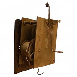 George Rutherford of Huddersfield- 8-day mahogany longcase clock c1880, with a swan neck pediment and turned patera, hood with shaped back splats and a break arch hood door flanked by ring turned pilasters, trunk with conforming recessed pilasters and a short wavy-topped trunk door, on a broad plinth raised on bracket feet, fully painted dial with matching pastoral depictions to the spandrels and break arch, with makers name, Roman numerals, subsidiary seconds and date dials and matching stamped brass hands, dial pinned via a falseplate to a rack striking movement striking the hours on a bell (bell missing). With pendulum, no weights.