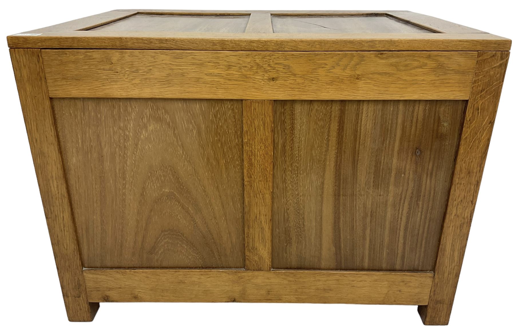 20th century panelled oak blanket chest, rectangular hinged top, raised on square supports