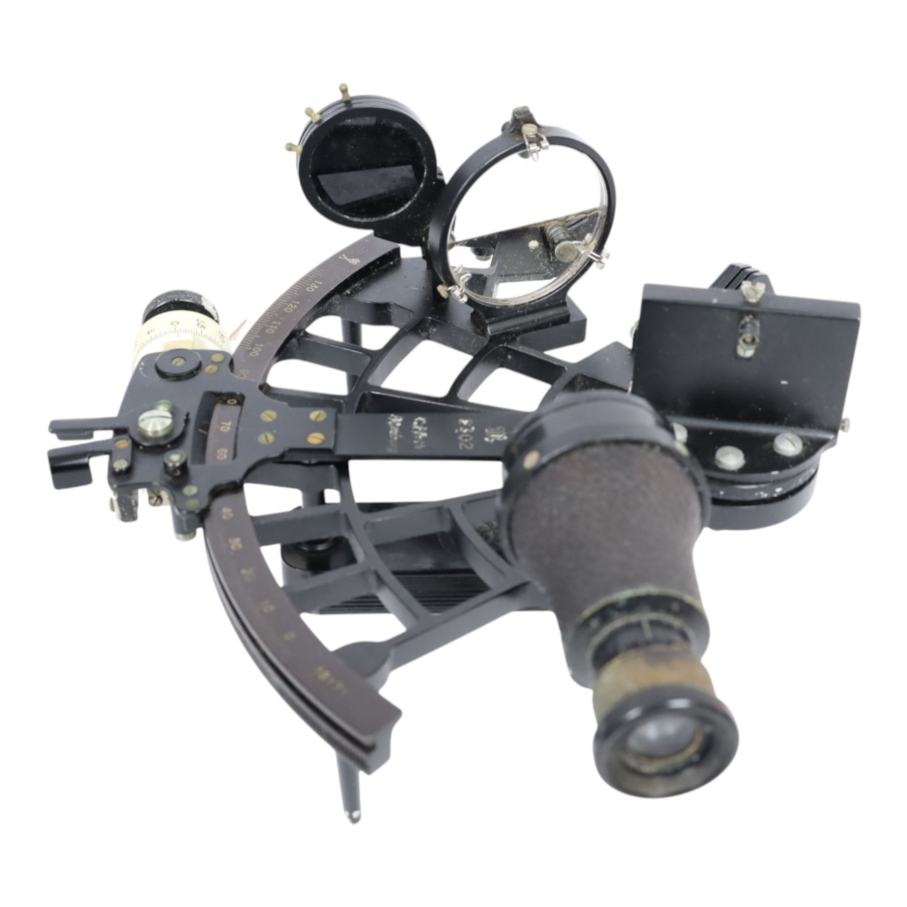 WWII Nazi German Kriegsmarine sextant by C. Plath, Hamburg, marked with impressed manufacturer’s logo, name and location, index arm stamped with Nazi eagle and swastika over Runic M, 2302, in original transit case with examine certificate by Deutsche Seewarte to the lid