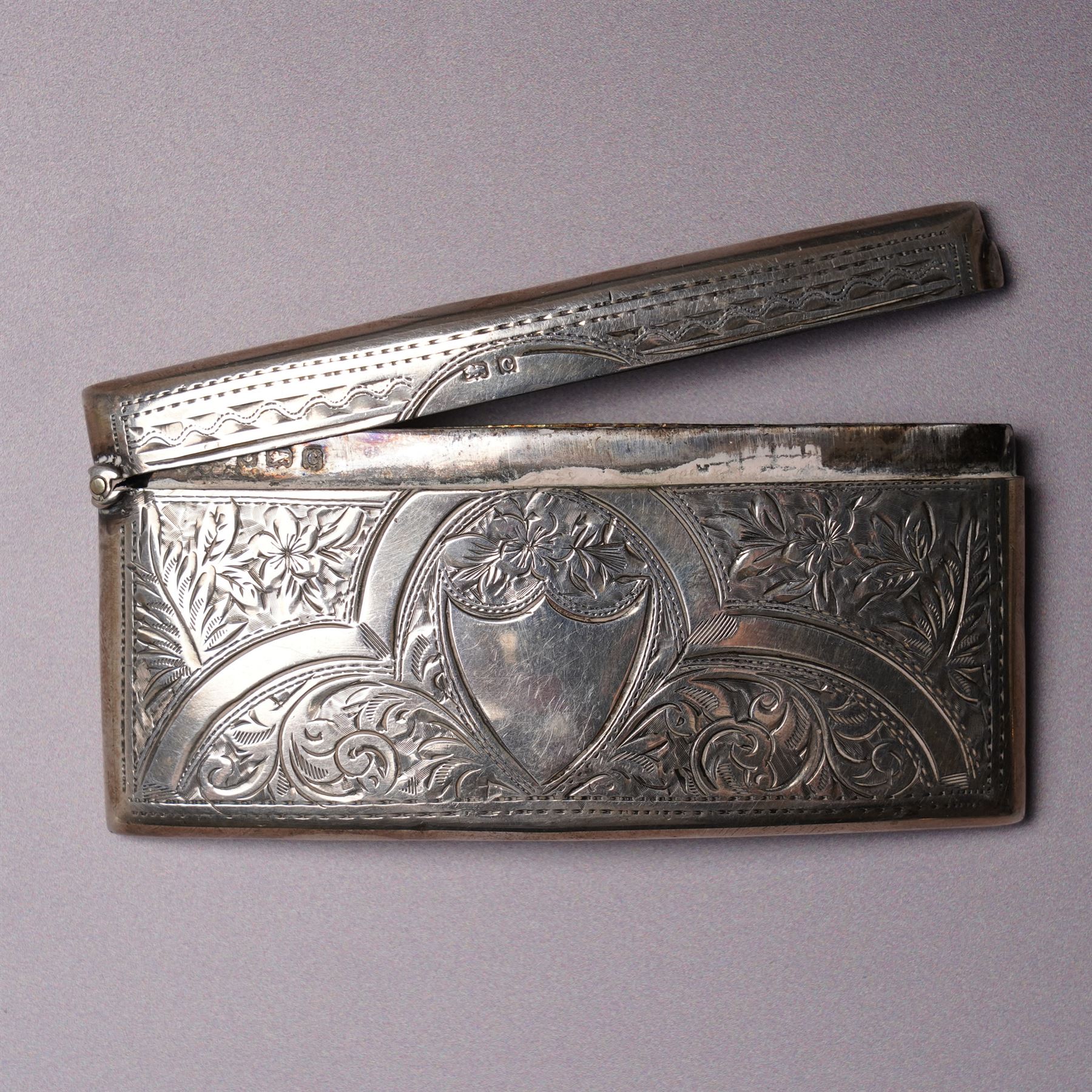 Edwardian engraved silver visiting card case Birmingham 1902 Maker Arthur Cook, silver cheroot case Birmingham 1906 Maker John Thompson & Sons, small silver sweetmeat dish, pair of shell salts, vesta case and a Norwegian silver fork by Th. Marthinsen