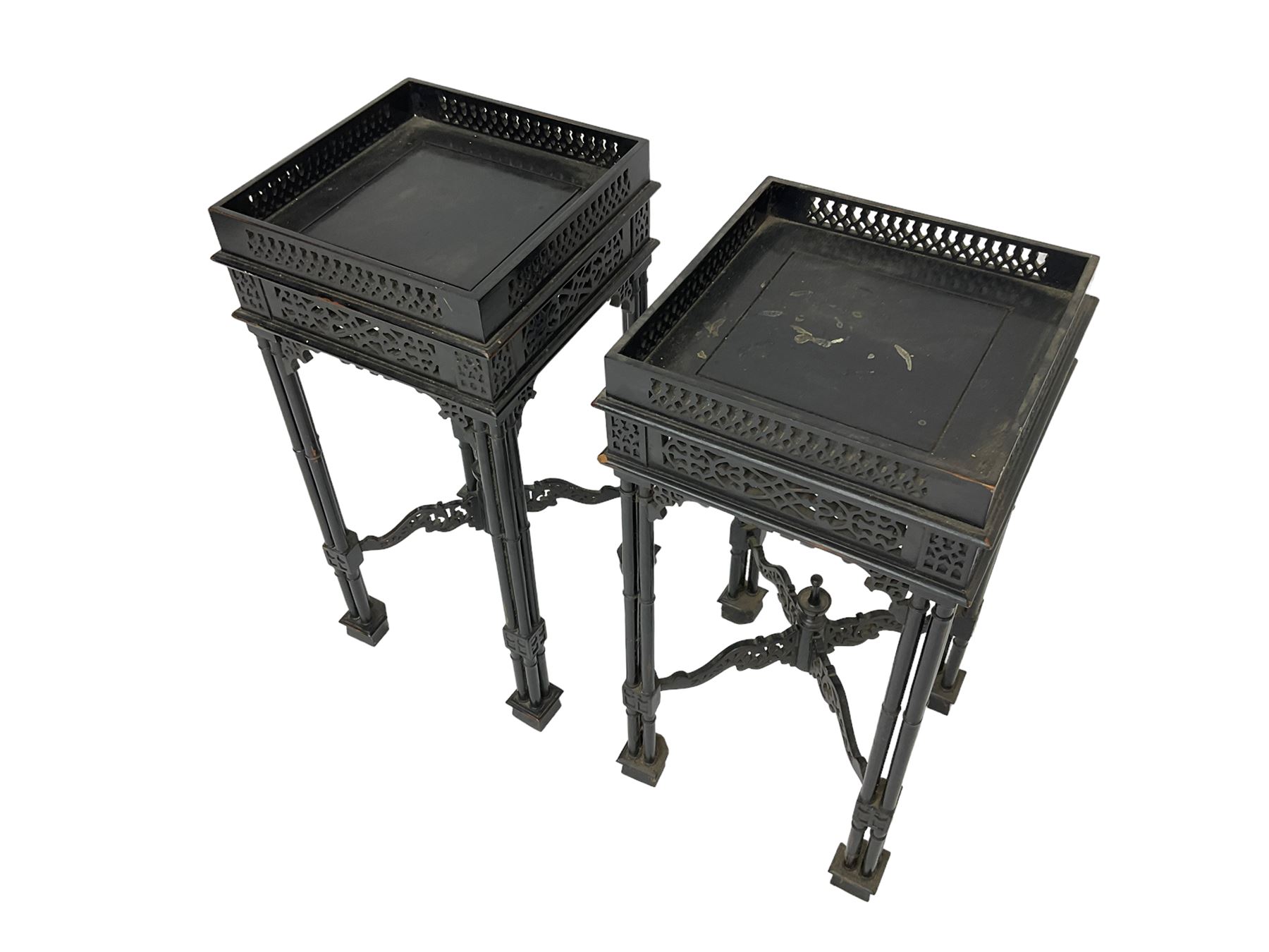 Pair Early 20th Century Black Lacquered Urn Stands Square Top With pair-early-20th-century-black-lacquered-urn-stands-square-top-with