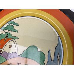 Clarice Cliff Bizarre for Newport Pottery Orange Roof Cottage pattern plate, circa 1932, hand painted with a stylised cottage and bridge landscape with yellow, orange and black banding, black printed mark beneath, D22cm 