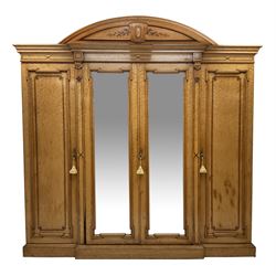 Alex Mackenzie & Co. Glasgow - Large late 19th century Scottish birds eye maple wardrobe, projecting cornice over a banded frieze, two central mirror glazed doors enclosing six drawers, flanked by two panelled doors enclosing hanging space, plinth base, drawer rail stamped 'Alex Mackenzie & Co. Glasgow'