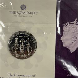 Nineteen The Royal Mint United Kingdom uncirculated commemorative coins or sets, including Queen Elizabeth II 1989 '1689 1989' two pounds, 2001 'Victorian Anniversary' crown, 2003 'Coronation Jubilee' five pounds, 2004 'Britain's new coinage' three coin set, 2005 'The End of WWII' two pound, 2006 'Her Majesty Queen Elizabeth II Eightieth Birthday', 2015 'The Royal Navy' two pounds, 2016 'The Last Round Pound', 2022 '1926-2022' five pounds, King Charles III 2023 'The Coronation' five pounds etc