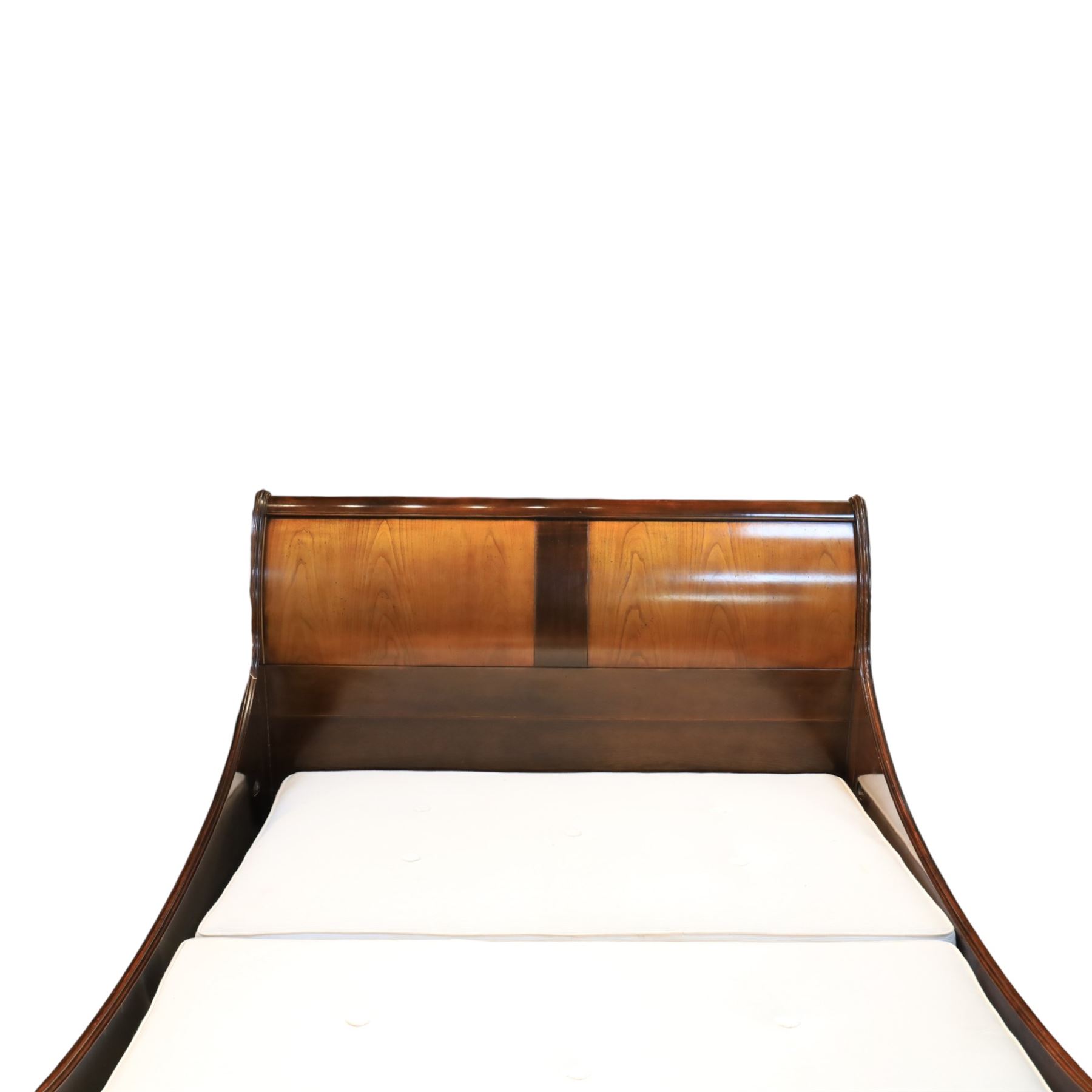 And So To Bed - 5' king size 'Palais' cherry wood sleigh bed, the cylindrical rolled head and foot rails over panelled boards with darker crossbanded detail, shaped scroll ends and moulded plinth base, with Vi-Spring divan base