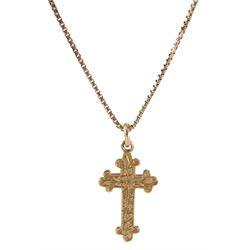 Early 20th century 9ct rose gold cross pendant with engraved floral decoration by G Loveridge & Co, Birmingham 1915, on 9ct rose gold box link necklace, hallmarked 