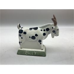 Six Rye Pottery figures, comprising, jumping fox, squirrel upon a branch, billy goat, bull, chicken and cockerel  