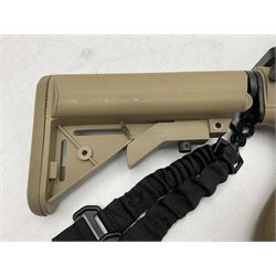 Combat Machine lithium battery powered airsoft BB rifle, 'Complete AEG Series' to fire 5mm pellets, with adjustable length stock L69cm non-extended; with six magazines, Trijicon ACOG red dot telescopic sight, battery charger etc (NO BATTERIES)