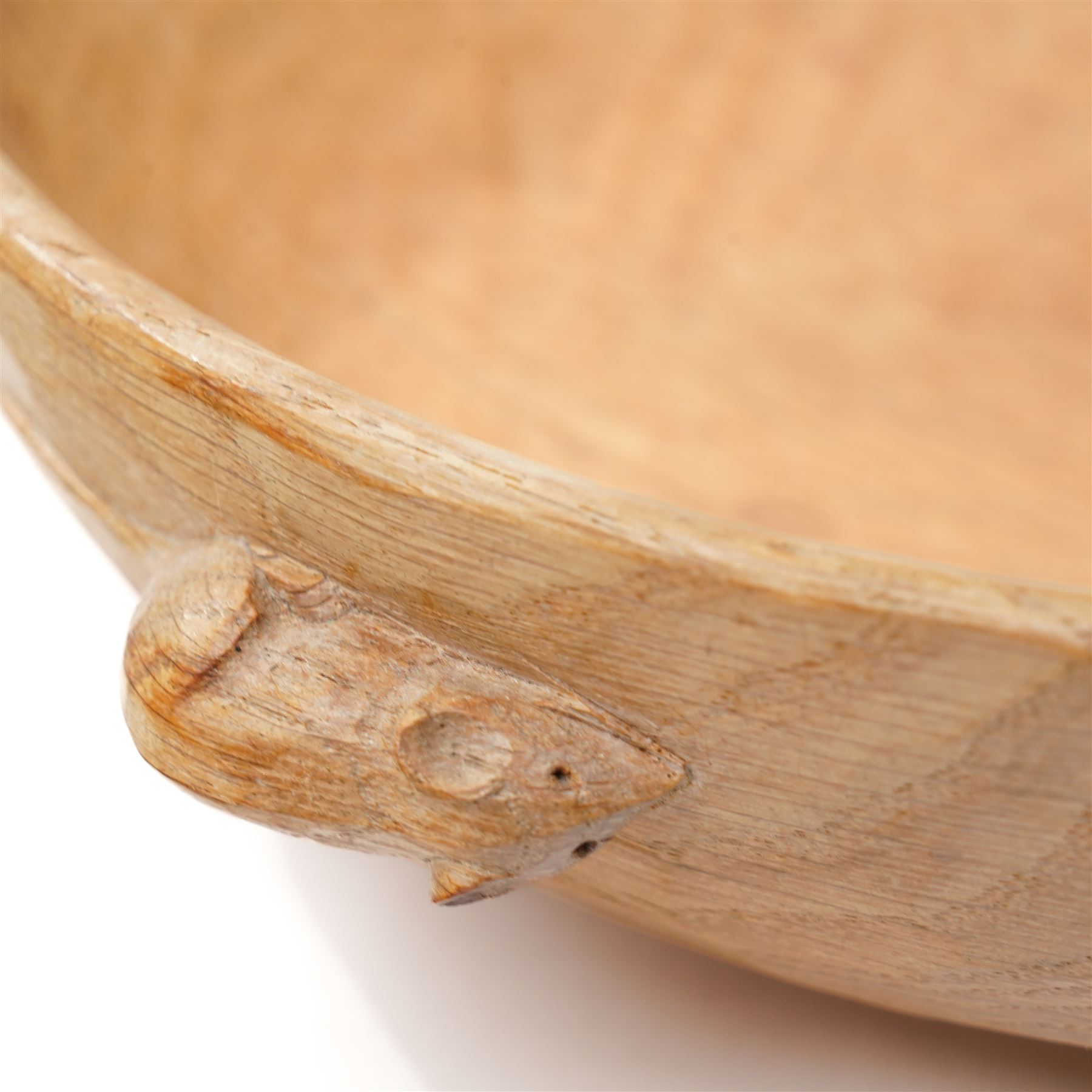 Mouseman - adzed oak circular bowl with carved mouse signature D25cm from the workshop of Robert Thompson, Kilburn