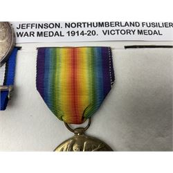 WWI pair of medals comprising British War Medal and Victory Medal awarded to 39357 Pte. T. Jeffinson Northumberland Fusiliers; both with ribbons (2)