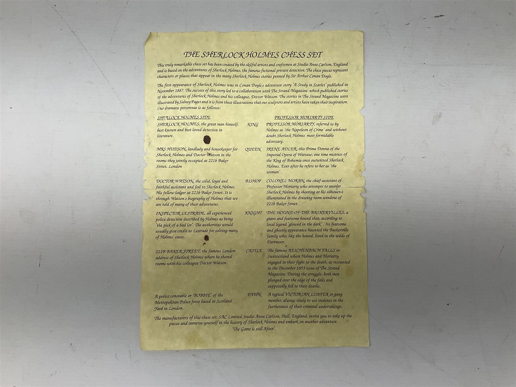 'The Sherlock Holmes' chess set, by SAC Studio Anne Carlton of Hull