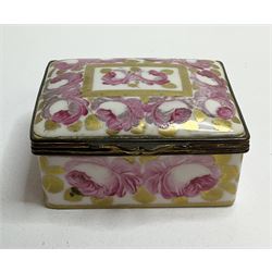 Early 19th century Swansea box of rectangular form, densely decorated with painted pink cabbage roses and gilt foliage upon plain ground, the hinged lid opening to reveal interior painted with two further roses upon plain ground, marked Swansea. in gilded lettering beneath, W7cm H3.5cm D5.5cm