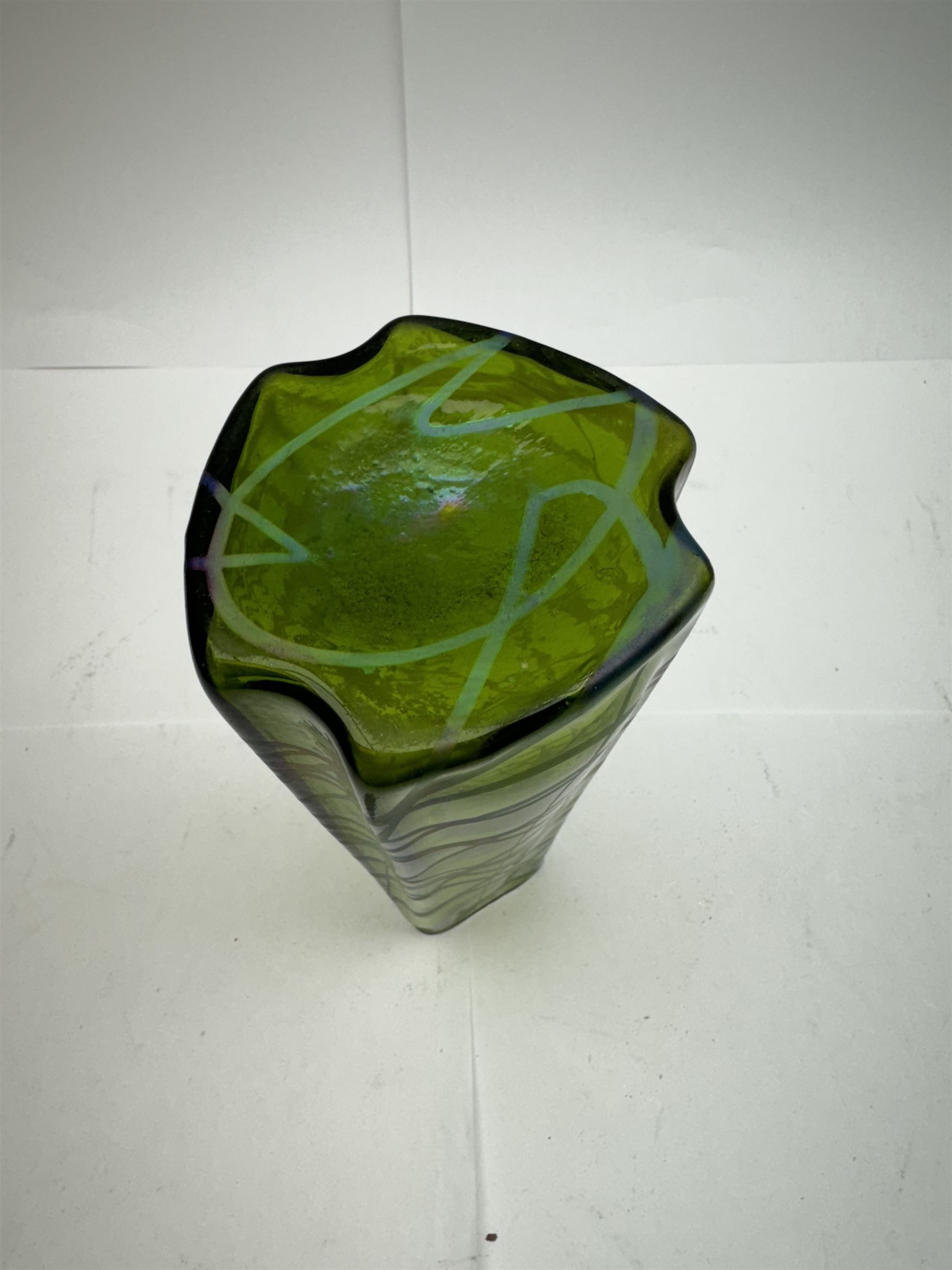 Three Austrian Art Nouveau green iridescent glass vases, to include two Pallme-Konig examples and a Kralik example, each with threaded vein decoration, tallest H25cm (3)