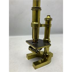 19th century brass monocular microscope by R. & J. Beck London No.18760 with hinged column and pitchfork base H25cm; in fitted mahogany case with two lenses