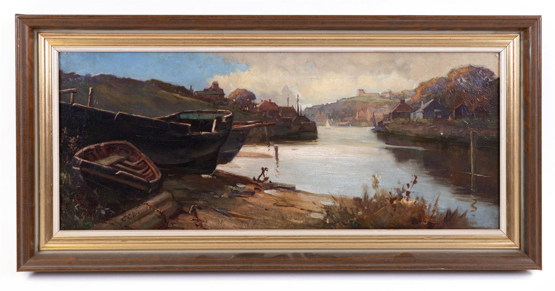 Edwin John Ellis (British 1841-1895): Whitby from Up River Esk, oil on canvas signed 24cm x 60cm