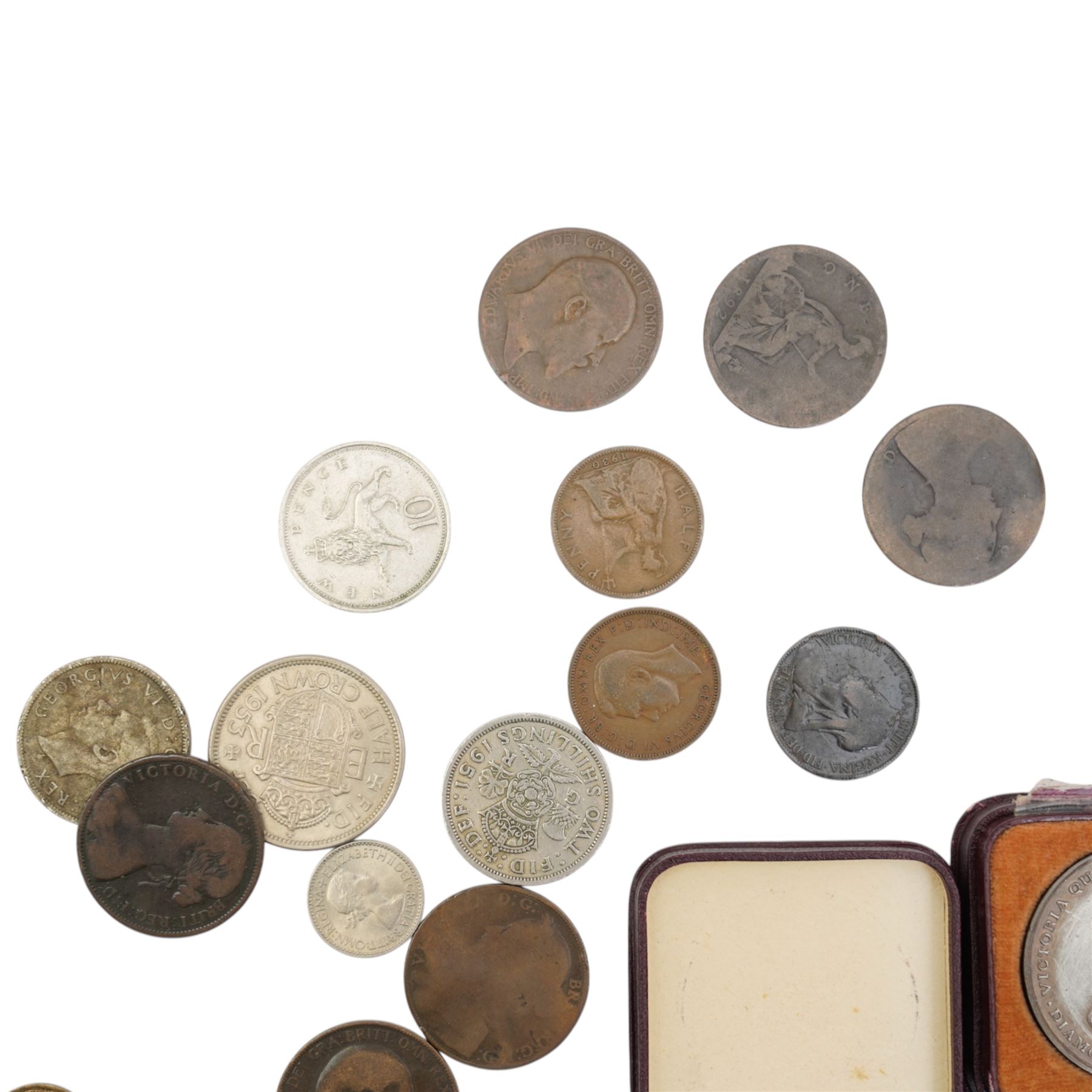 Four Queen Victoria silver crown coins, 1889, 1890, 1891, and 1897, Queen Victoria One Penny Model, George II 1736 silver shilling, George IIII 1831 fourpence, approximately 30 grams of further pre-1920 silver coins, Victoria Queen and Empress diamond jubilee medal, and further pre-decimal coins