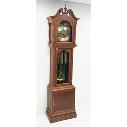 Chinese hardwood longcase clock, swan neck pediment with central finial, glazed trunk door enclosed by two half column pilasters, panelled base, moonphase dial with silvered Roman chapter ring, chime selection and silent lever, triple weight driven movement, H211cm (three weights and pendulum)