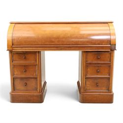 Victorian mahogany twin pedestal cylinder desk, with roll top with fitted interior and wit...