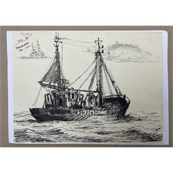 Jack Rigg (British 1927-2023): Scarborough Trawler, pen pencil and ink sketch signed and dated 1973, 20cm x 27cm (unframed)