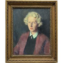 William Dennis Dring R.A. (British 1904-1990): 'Mary' half length portrait, oil on canvas signed and dated '63, titled verso 50cm x 39cm
Provenance: exh. Royal Society of Portrait Painters, label verso