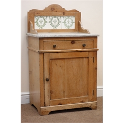  19th century pine washstand, raised shaped tiled back, marble top, above single drawer and cupboard, W61cm, H104cm, D43cm  