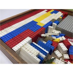 Lego - quantity of loose sections including various size blocks, base plates, windows, axles with wheels, alphabet/number blocks etc; in wooden box