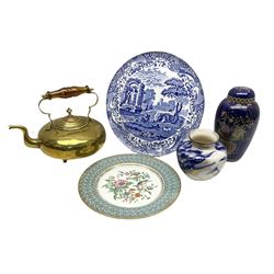 Carlton ware urn with lid with floral decoration on a blue ground H23cm, together with Doulton Burslem vase with iris decoration H13.5cm, Aynsley plate, Spode charger and brass kettle by James Claw.  