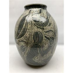 John Egerton (c1945-): studio pottery stoneware vase decorated with fish, mermaids and ammonites, H38cm