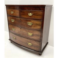 Victorian mahogany bow front chest, two short and three long drawers, turned supports 