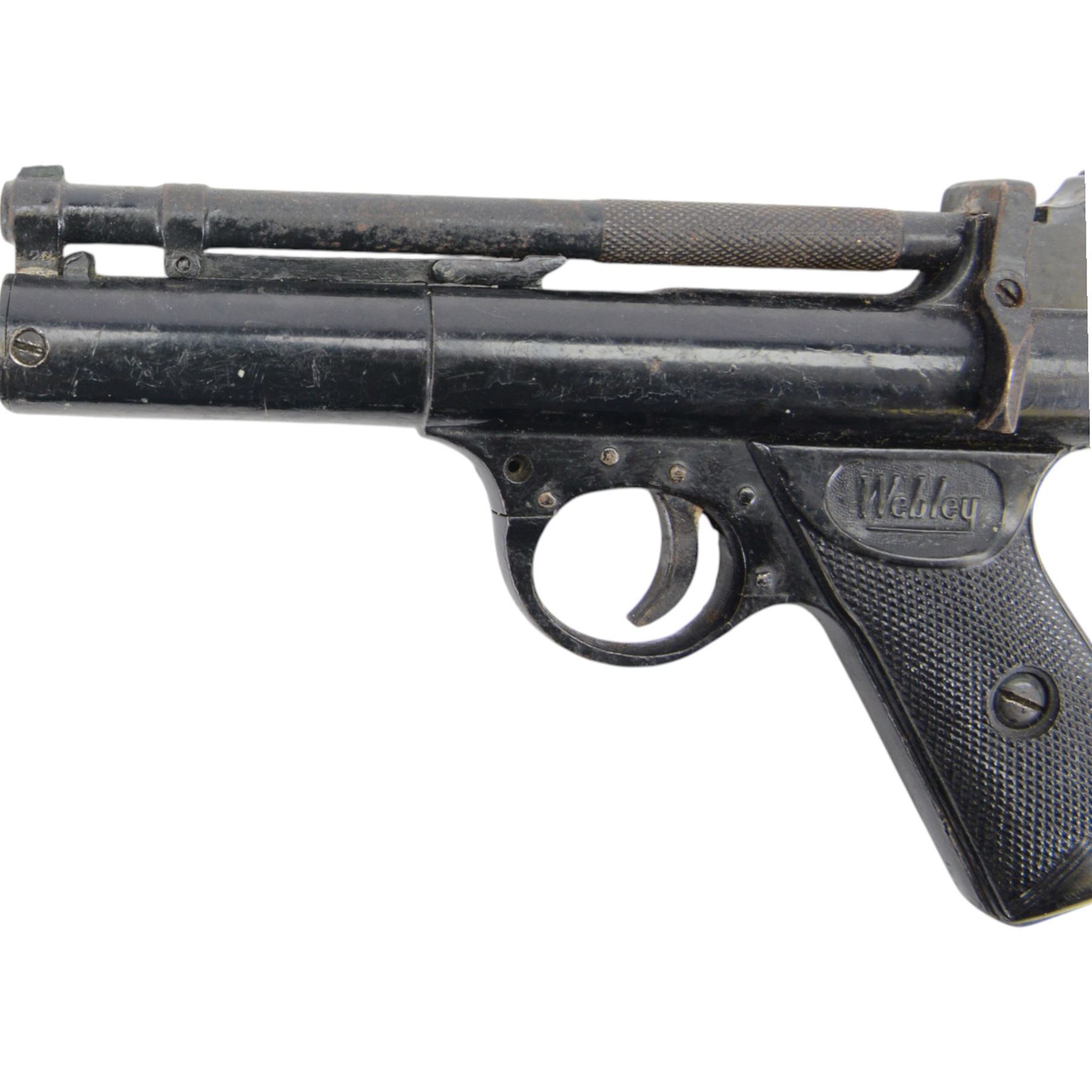 Webley Premier .22 air pistol, batch 947, Series E with 5 pin trigger block, the air chamber marked Webley & Scott Ltd, Webley Premier, Made in England, with checkered grip, H14cm, L19cm