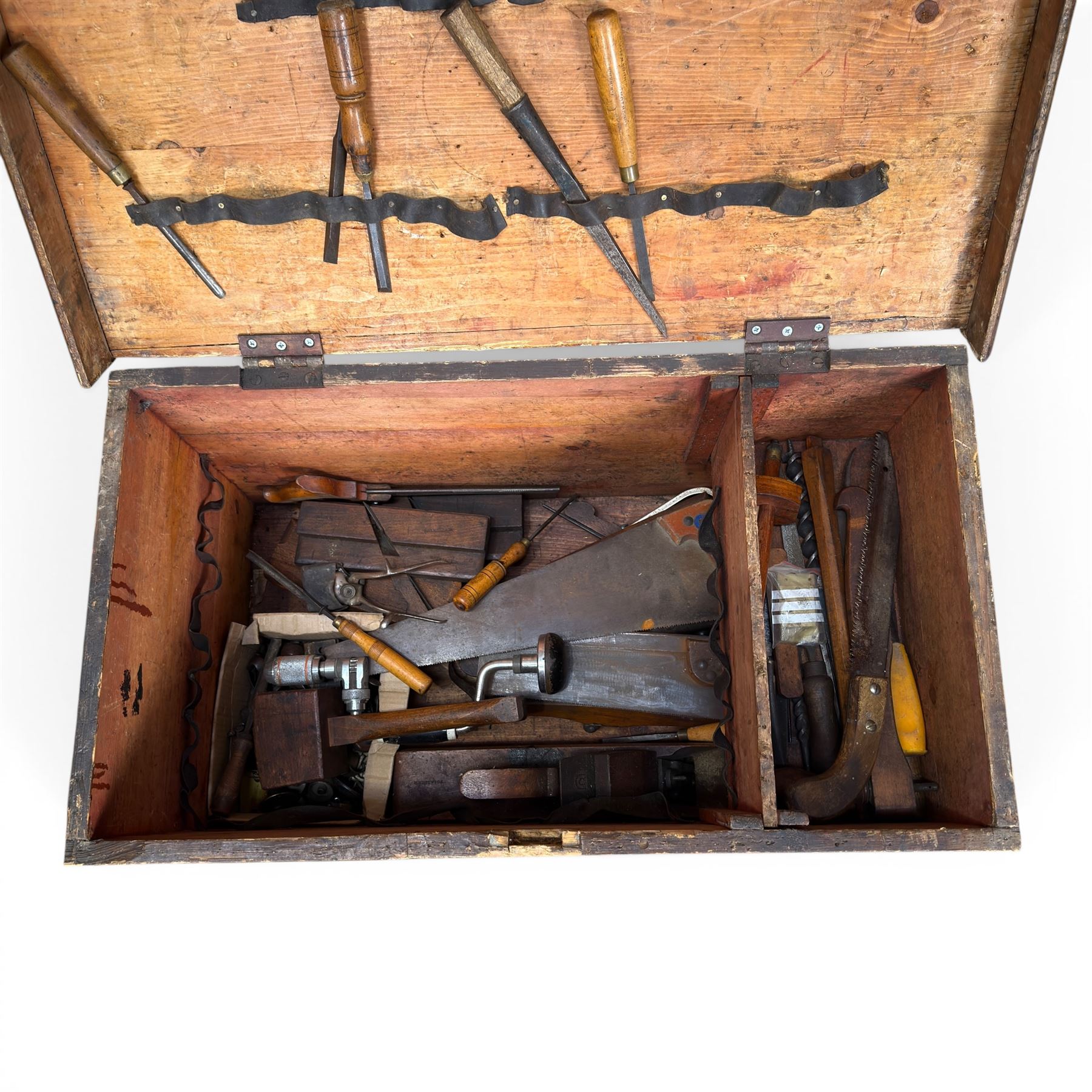 Victorian stained pine carpenters toolbox and contents, fitted interior with saws, planes, chisels etc