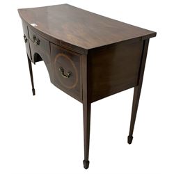 19th century inlaid mahogany bow-front sideboard, satinwood banded top over three drawers, on square tapering supports with spade feet